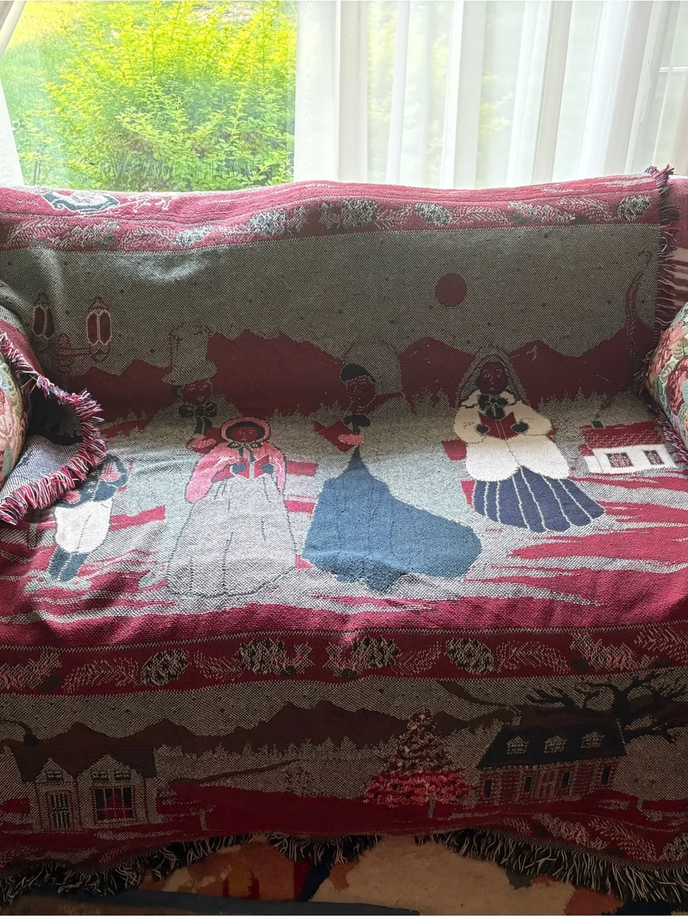 Reversible Holiday Carolers Woven Throw Blanket/Loveseat Cover